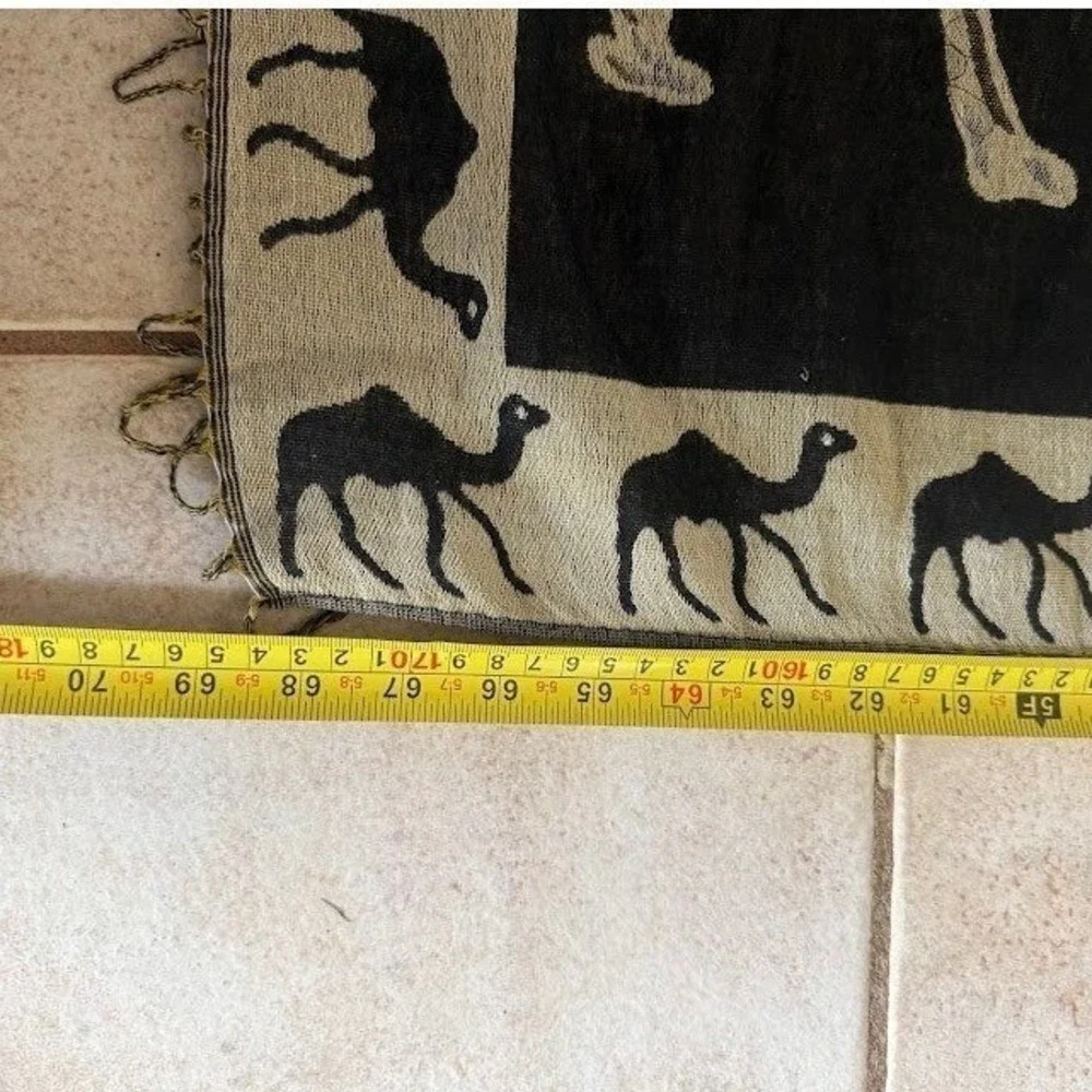 Woven Camel Tapestry Wall Hanging Desert Motif Fringe Textile Black Tan Cashmere